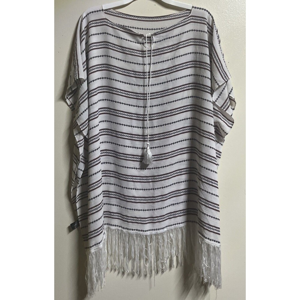 Boho Fringe Cape Poncho Pullover Women's One Size Tie Front Open Sides Striped